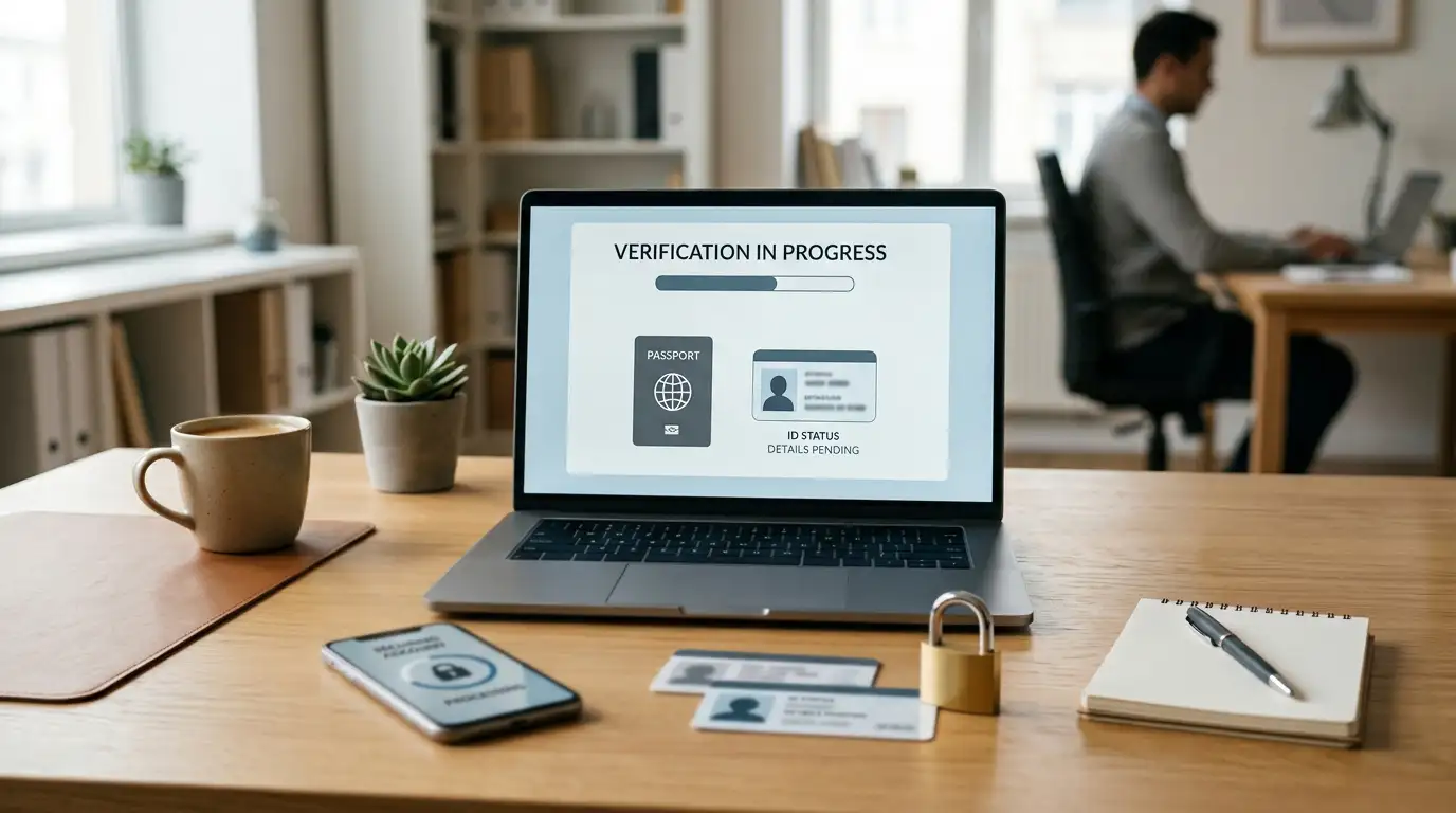 Laptop beside identity-document shapes and account verification status cards on a desk