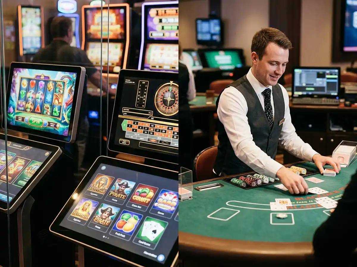 Casino game tiles beside a live-dealer table setting