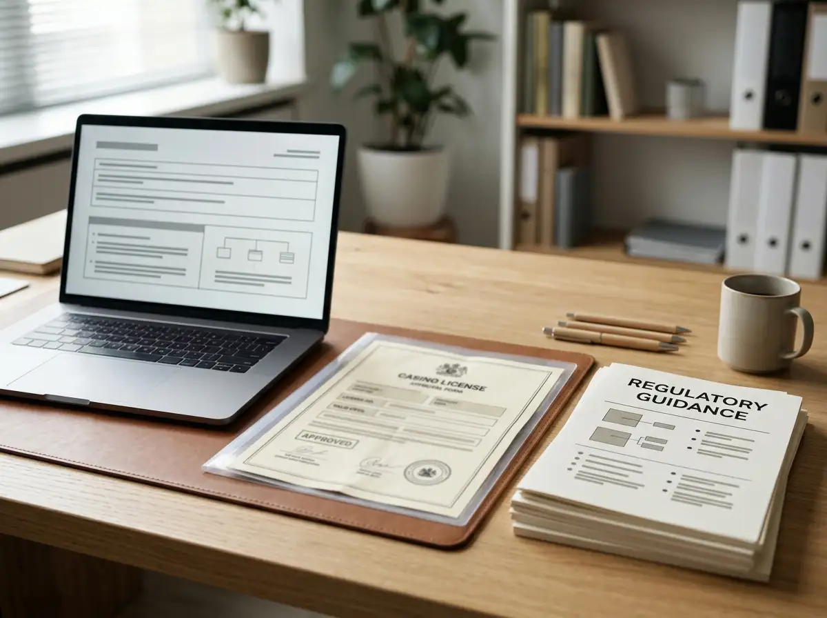 Casino licence document beside a laptop and regulatory reference notes