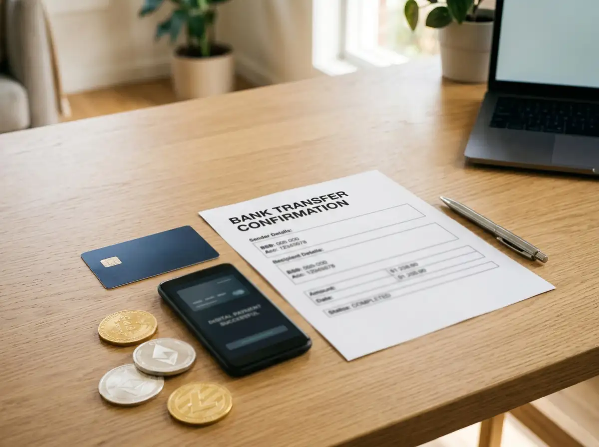 Bank card, digital wallet and cryptocurrency symbols arranged on a desk