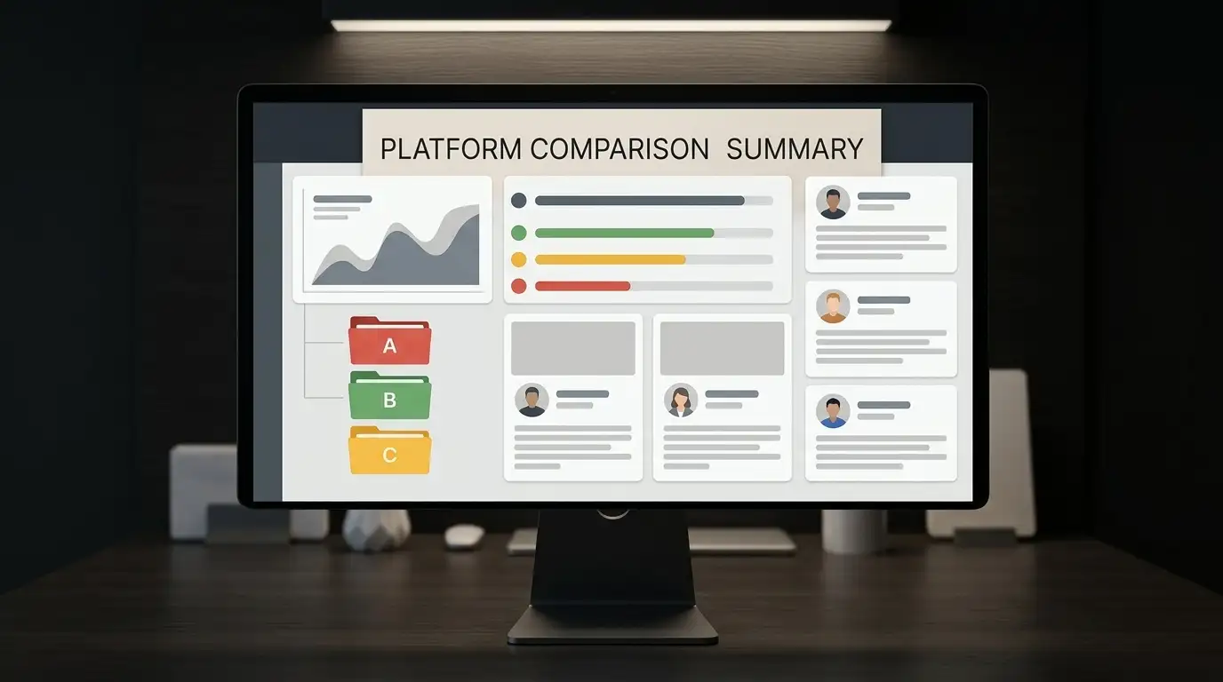 Editorial dashboard with abstract rating bars, complaint folders and review cards